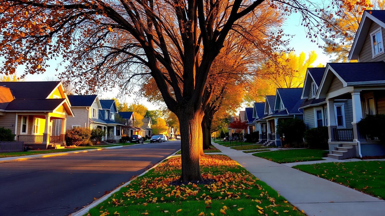 Aerial view of a leafy Denver neighborhood with single-family homes, front yards, and tree-lined streets